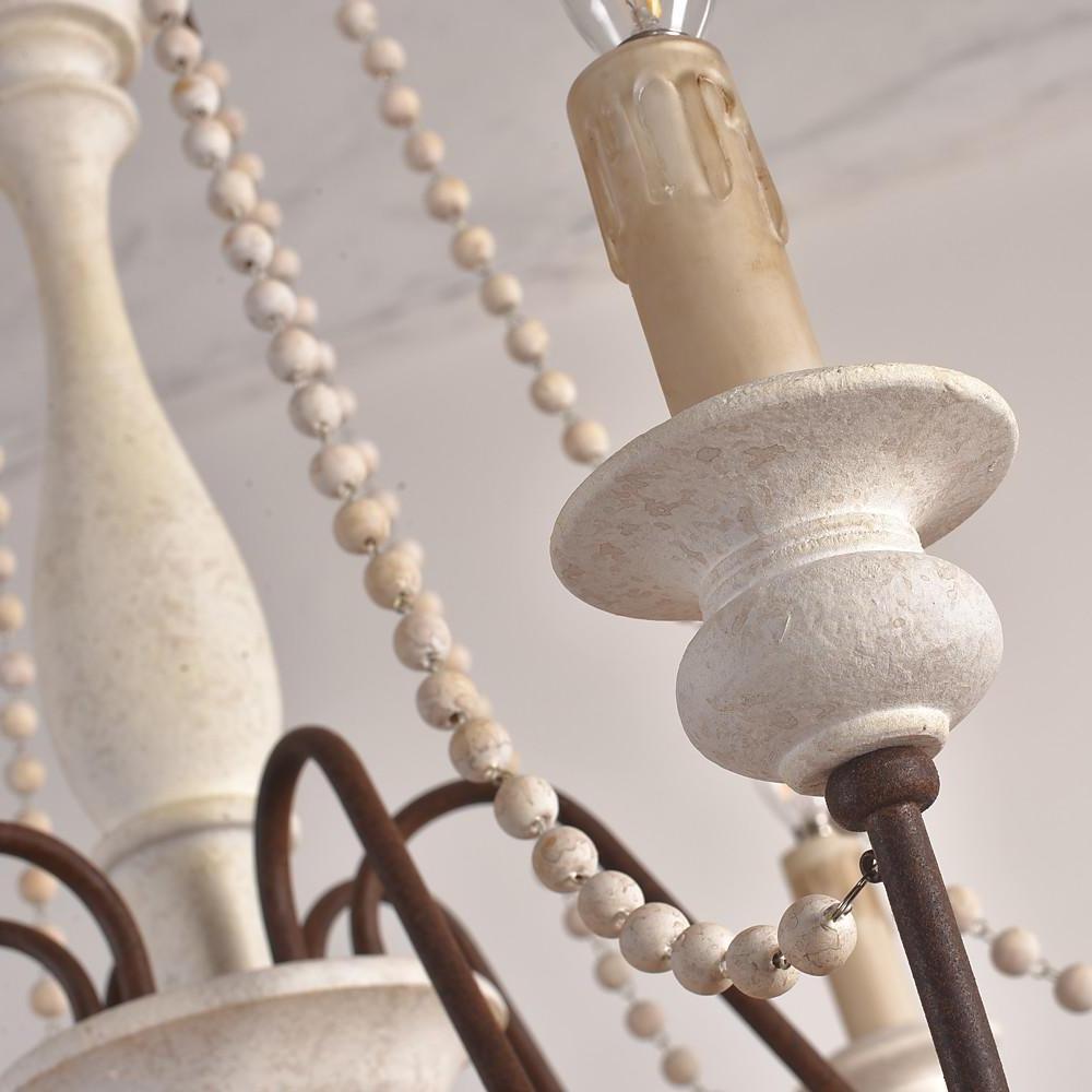 Antique White Wood Bead Chandelier 6 Light Rustic Farmhouse Candle Style Ceiling Pendant Light