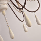 Antique White Wood Bead Chandelier 6 Light Rustic Farmhouse Candle Style Ceiling Pendant Light