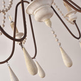 Antique White Wood Bead Chandelier 6 Light Rustic Farmhouse Candle Style Ceiling Pendant Light