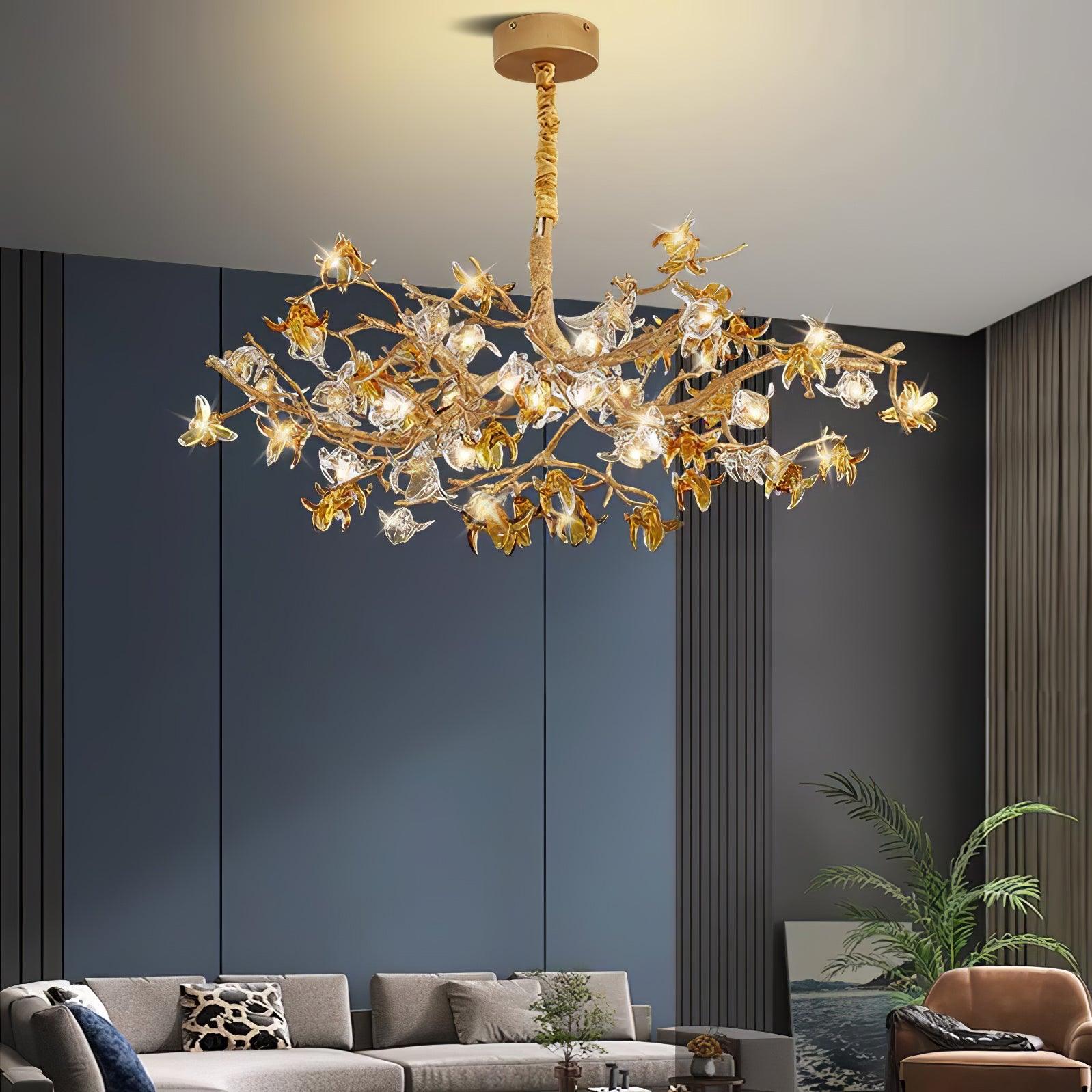 Aosta Crystal Flower Branch Chandelier Brass Luxury Ceiling Light Fixture for Dining Room