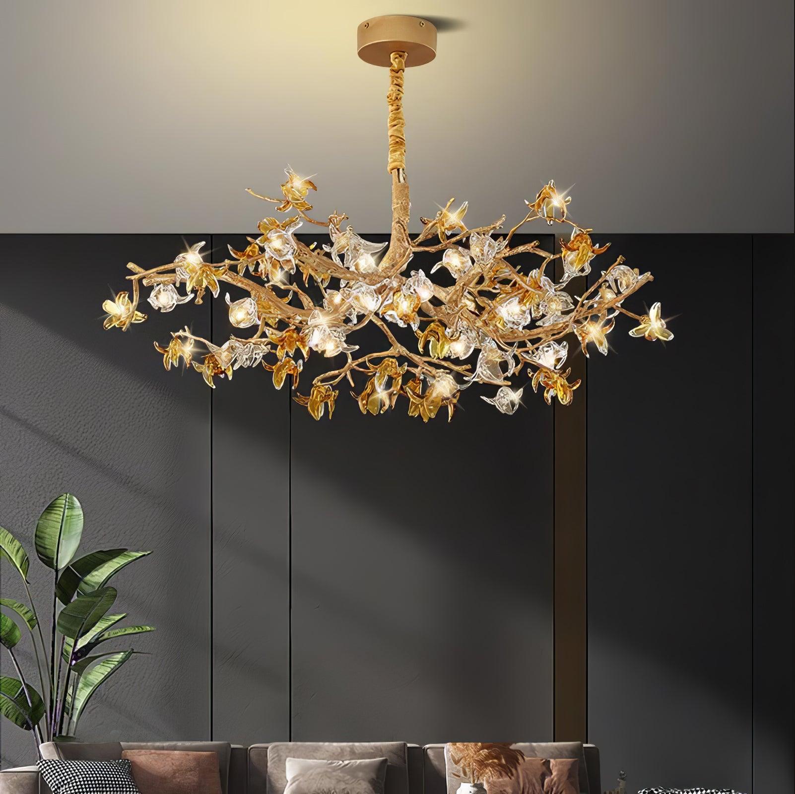Aosta Crystal Flower Branch Chandelier Brass Luxury Ceiling Light Fixture for Dining Room