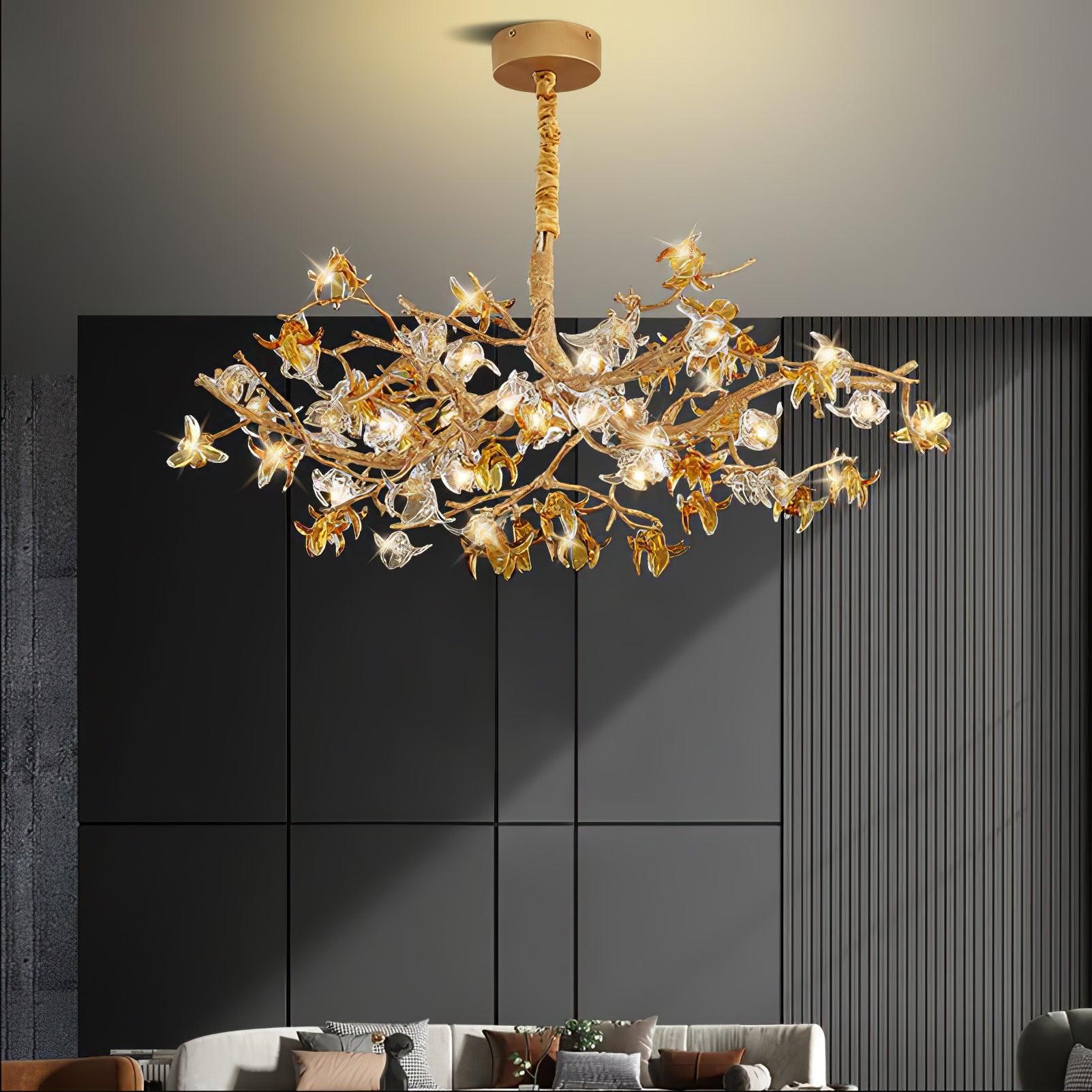 Aosta Crystal Flower Branch Chandelier Brass Luxury Ceiling Light Fixture for Dining Room