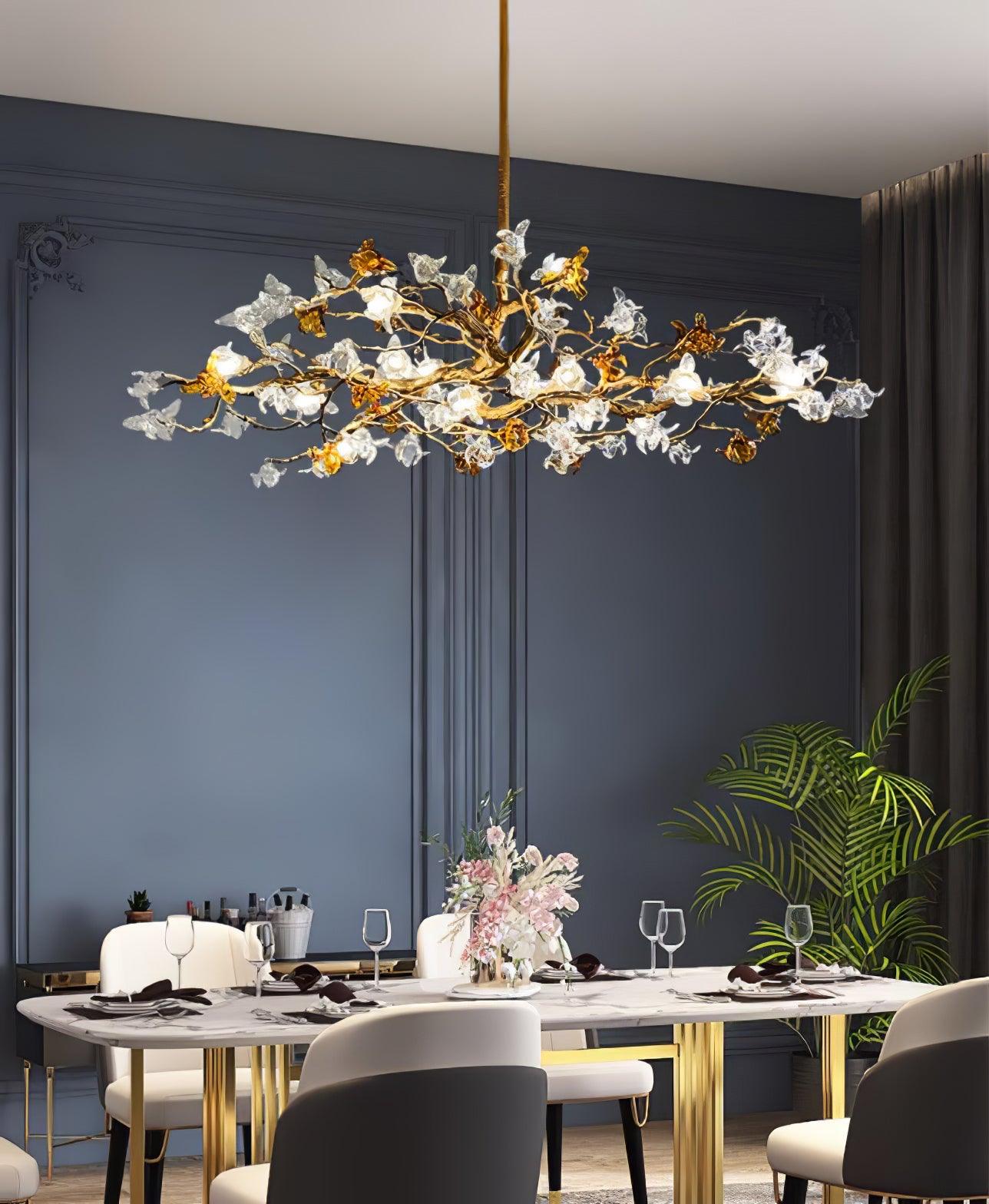Aosta Crystal Flower Branch Chandelier Brass Luxury Ceiling Light Fixture for Dining Room