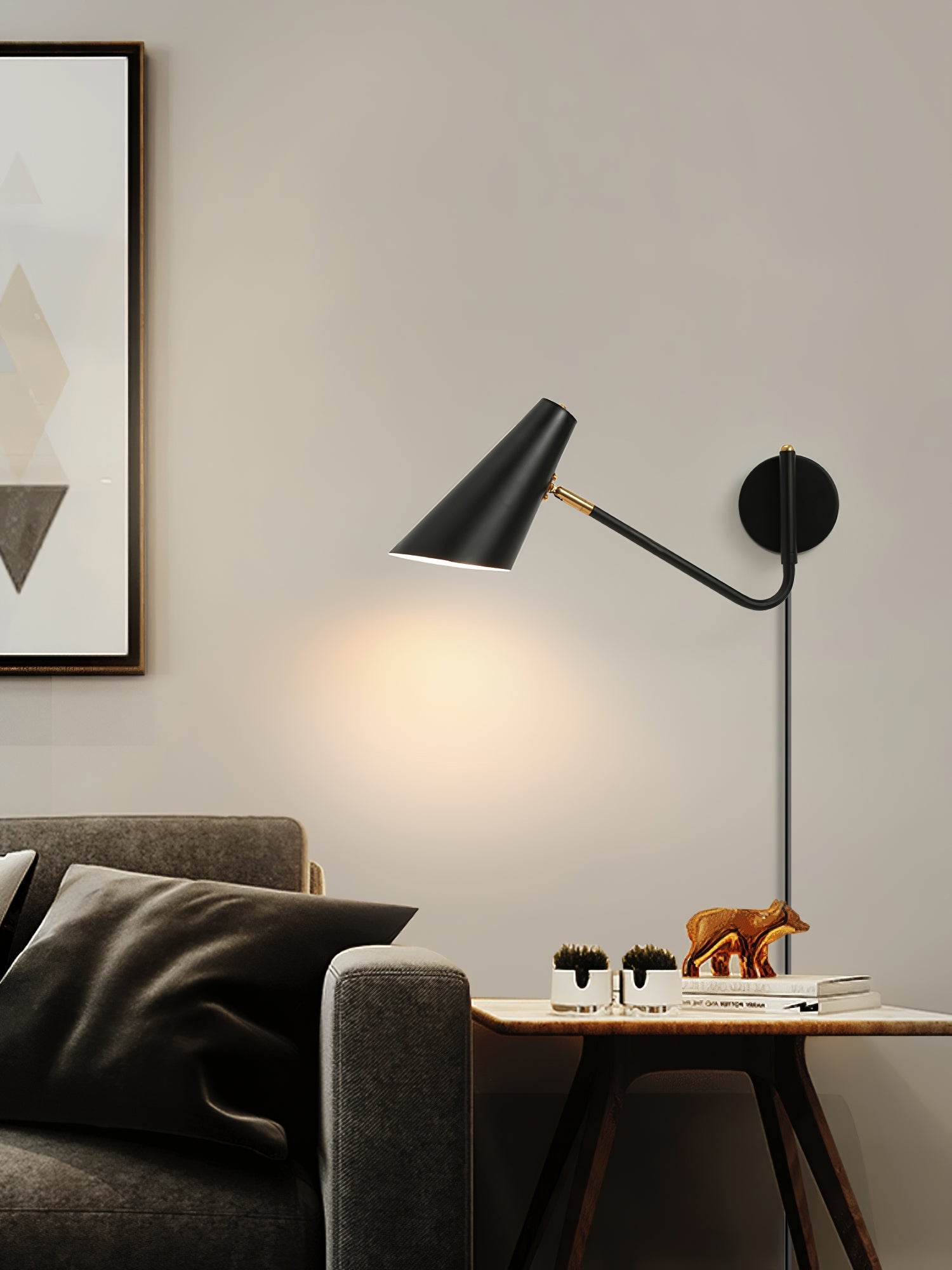 Apex Adjustable Swing Arm Wall Sconce Plug In Light with Conical Steel Shade in Black and Gold