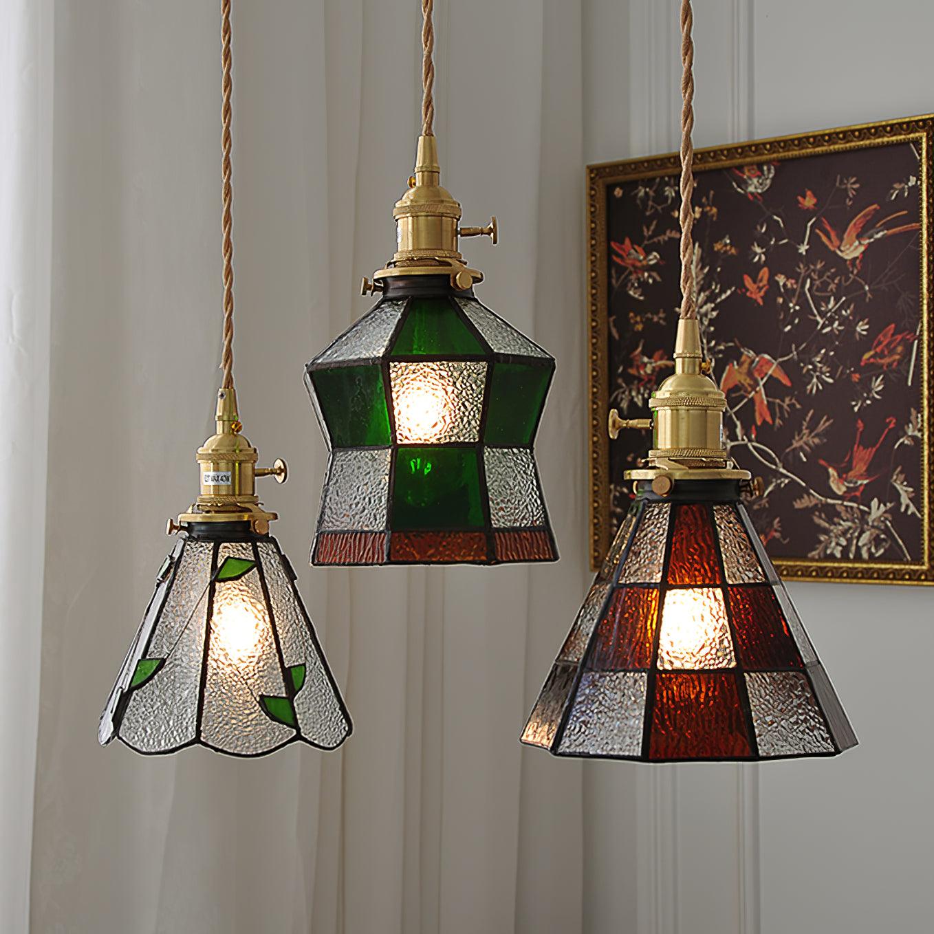 Arabic Style Mosaic Drop Pendant Lamp with Hand Blown Glass and Brass Finish