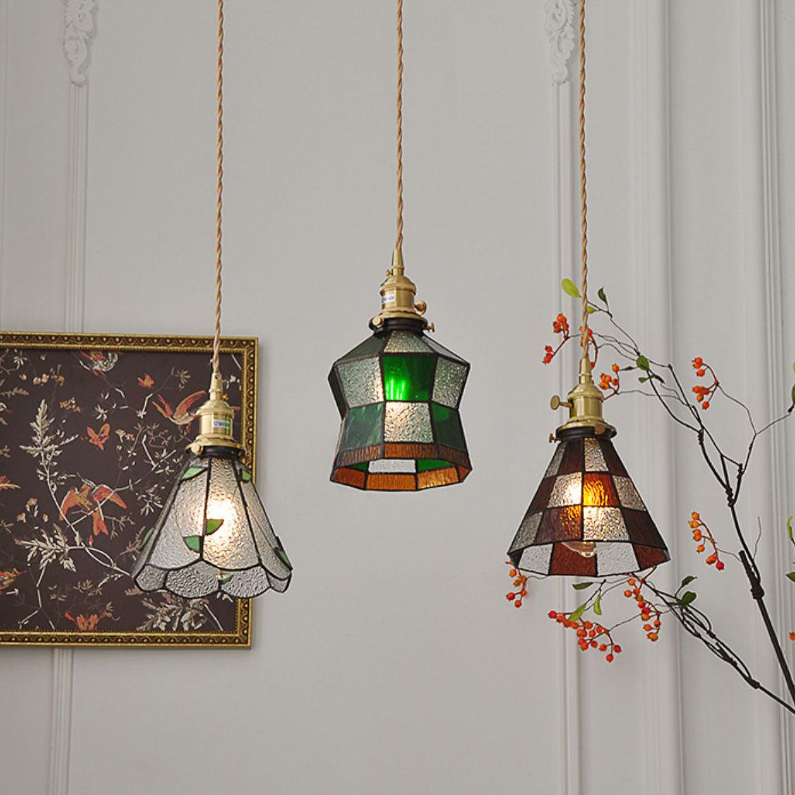 Arabic Style Mosaic Drop Pendant Lamp with Hand Blown Glass and Brass Finish