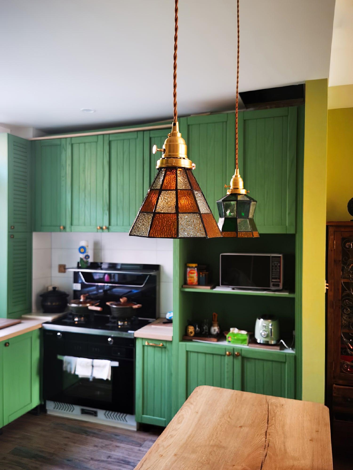 Arabic Style Mosaic Drop Pendant Lamp with Hand Blown Glass and Brass Finish
