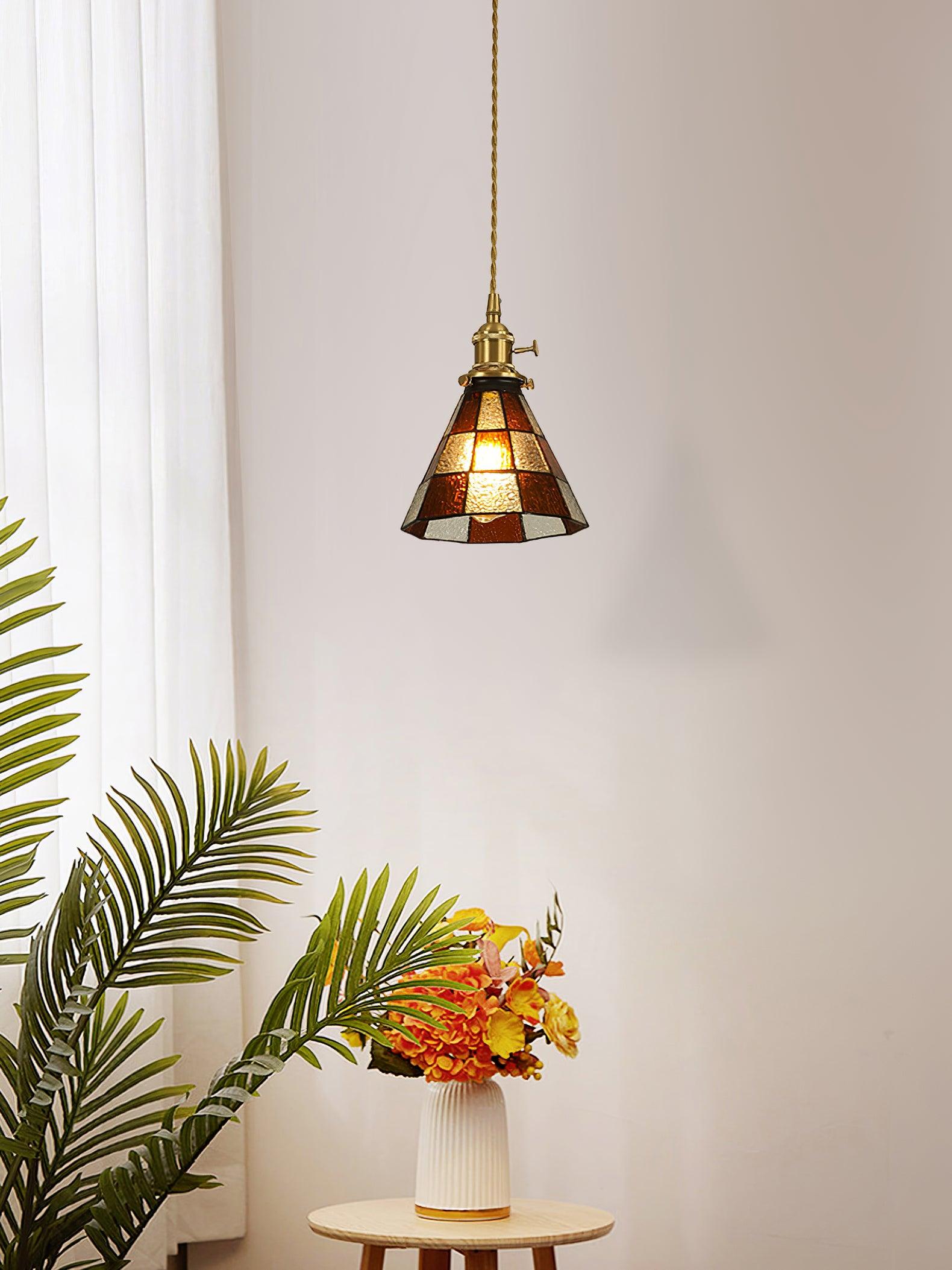 Arabic Style Mosaic Drop Pendant Lamp with Hand Blown Glass and Brass Finish