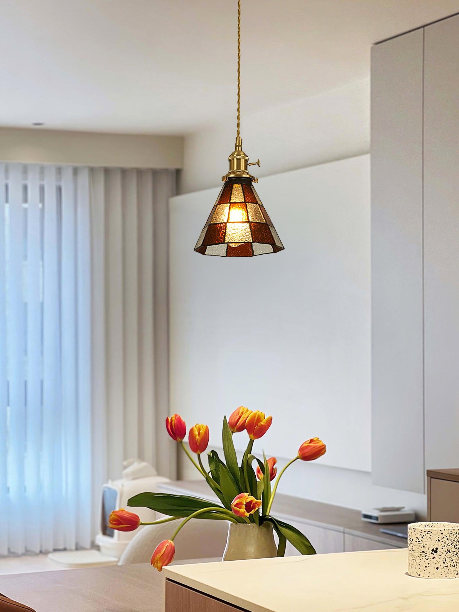 Arabic Style Mosaic Drop Pendant Lamp with Hand Blown Glass and Brass Finish