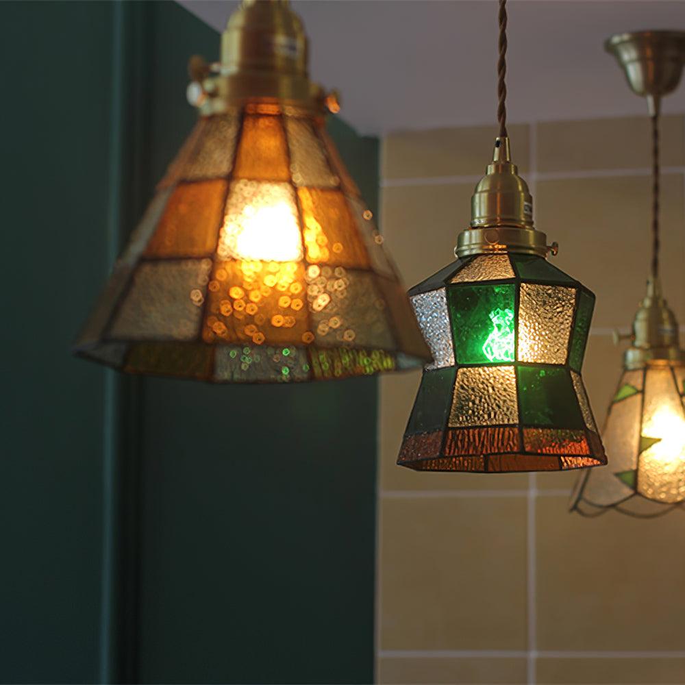 Arabic Style Mosaic Drop Pendant Lamp with Hand Blown Glass and Brass Finish