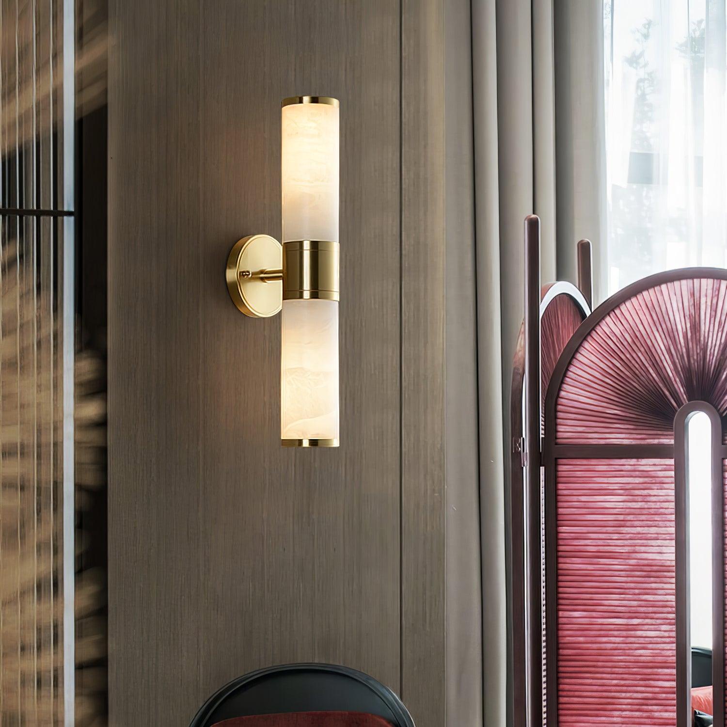 Art Deco Cylinder Alabaster Wall Sconce Luxury Antique Brass Finish Sconce Lighting