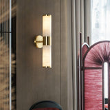 Art Deco Cylinder Alabaster Wall Sconce Luxury Antique Brass Finish Sconce Lighting