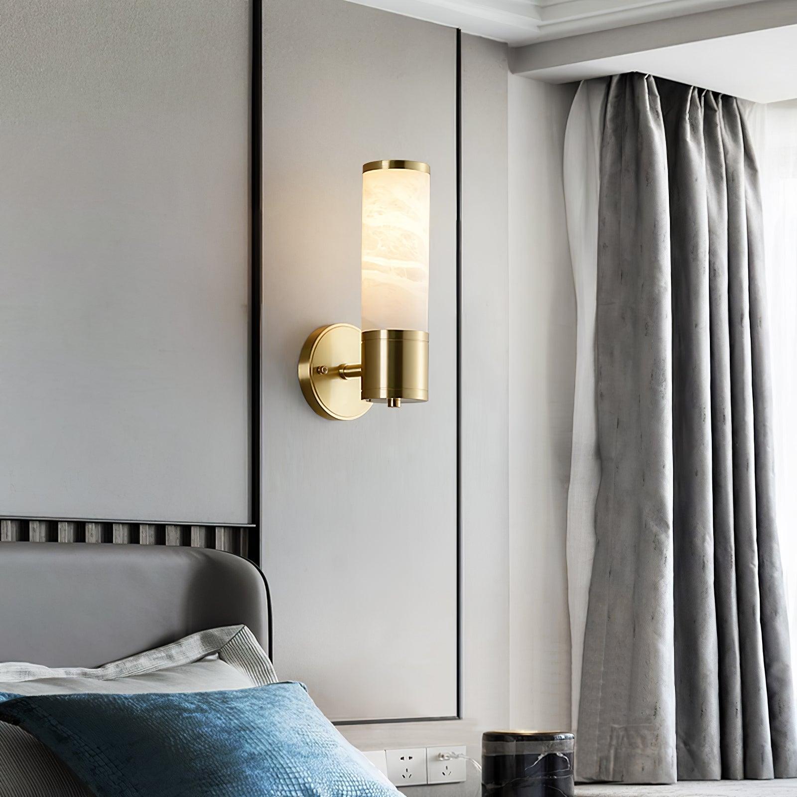 Art Deco Cylinder Alabaster Wall Sconce Luxury Antique Brass Finish Sconce Lighting
