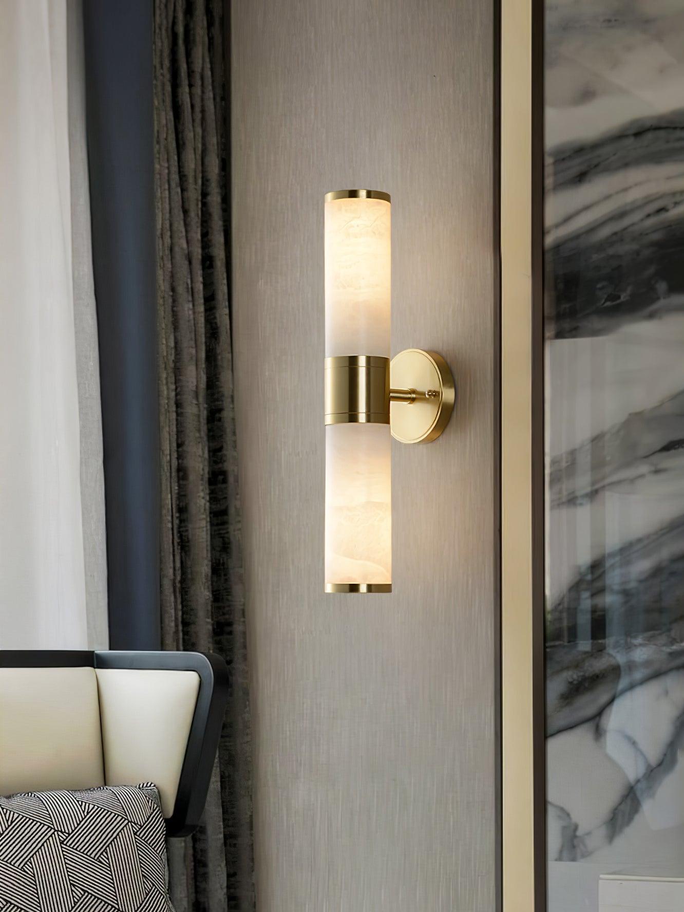 Art Deco Cylinder Alabaster Wall Sconce Luxury Antique Brass Finish Sconce Lighting