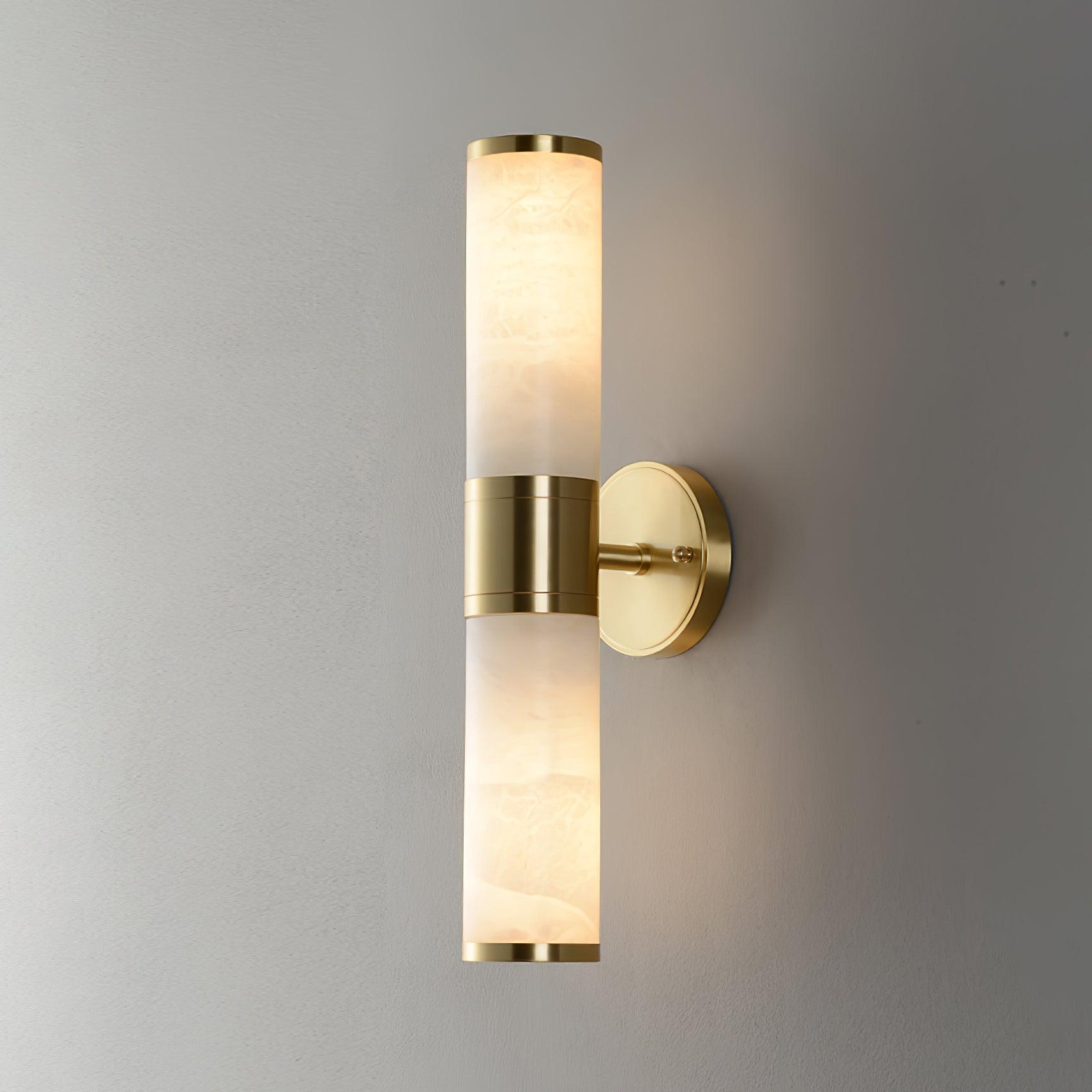 Art Deco Cylinder Alabaster Wall Sconce Luxury Antique Brass Finish Sconce Lighting