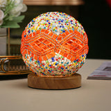 Art Deco Stained Glass Mosaic LED Bedside Lamp with Remote Control and Wooden Base