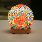 Art Deco Stained Glass Mosaic LED Bedside Lamp with Remote Control and Wooden Base