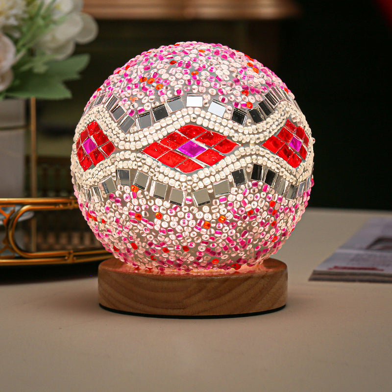 Art Deco Stained Glass Mosaic LED Bedside Lamp with Remote Control and Wooden Base