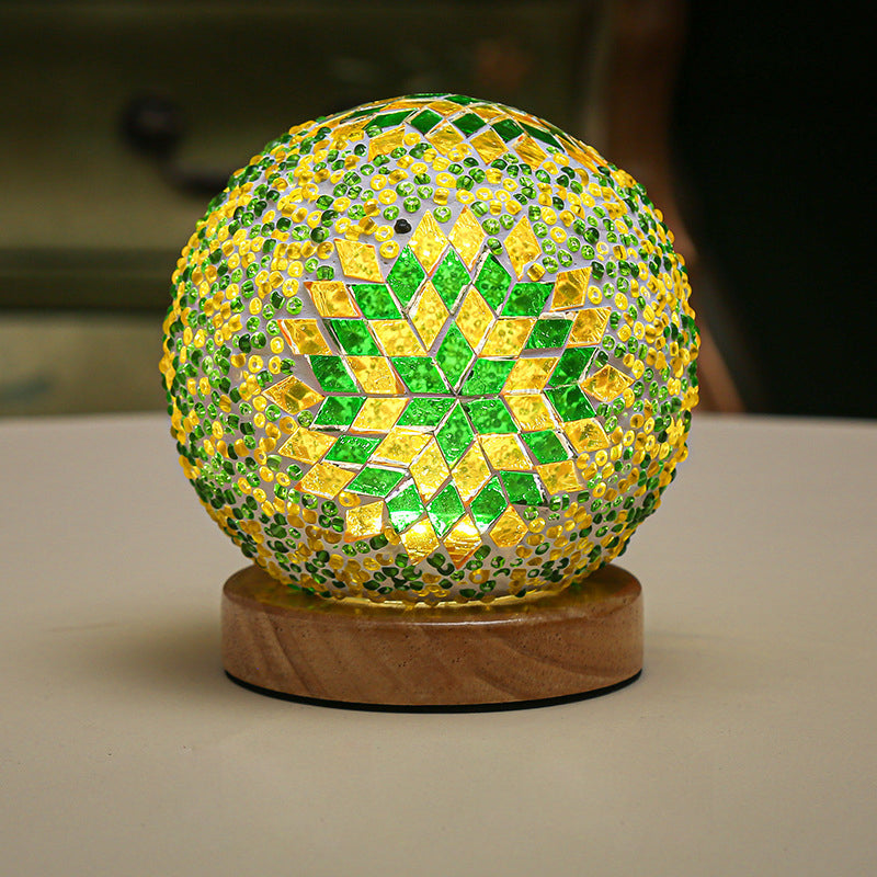 Art Deco Stained Glass Mosaic LED Bedside Lamp with Remote Control and Wooden Base