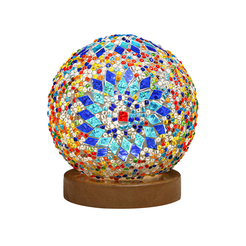 Art Deco Stained Glass Mosaic LED Bedside Lamp with Remote Control and Wooden Base