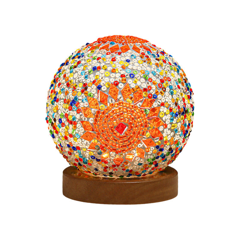 Art Deco Stained Glass Mosaic LED Bedside Lamp with Remote Control and Wooden Base