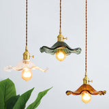 Art Nouveau Glass Hibiscus Flower Swag Pendant Light with Plug for Indoor Decor