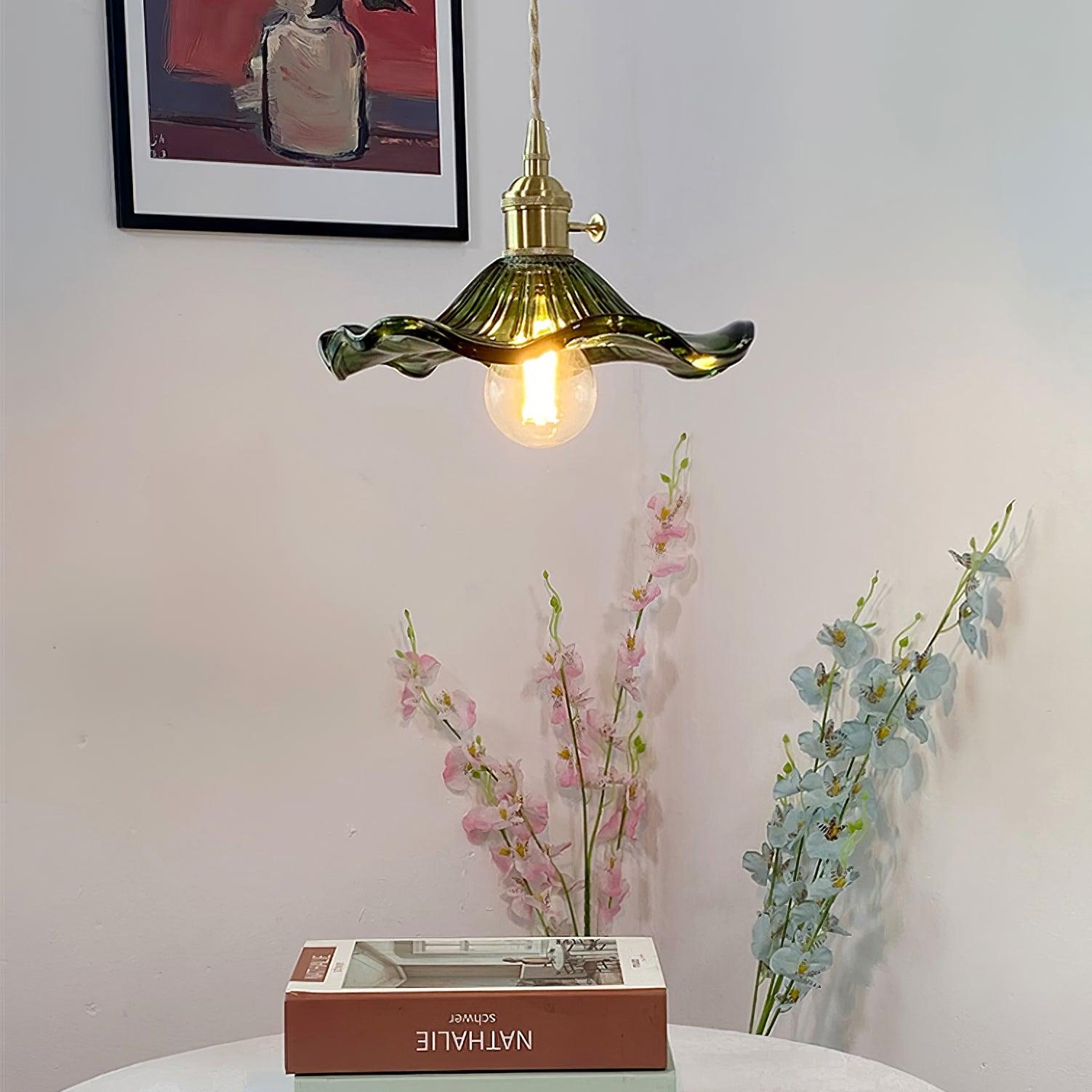Art Nouveau Glass Hibiscus Flower Swag Pendant Light with Plug for Indoor Decor