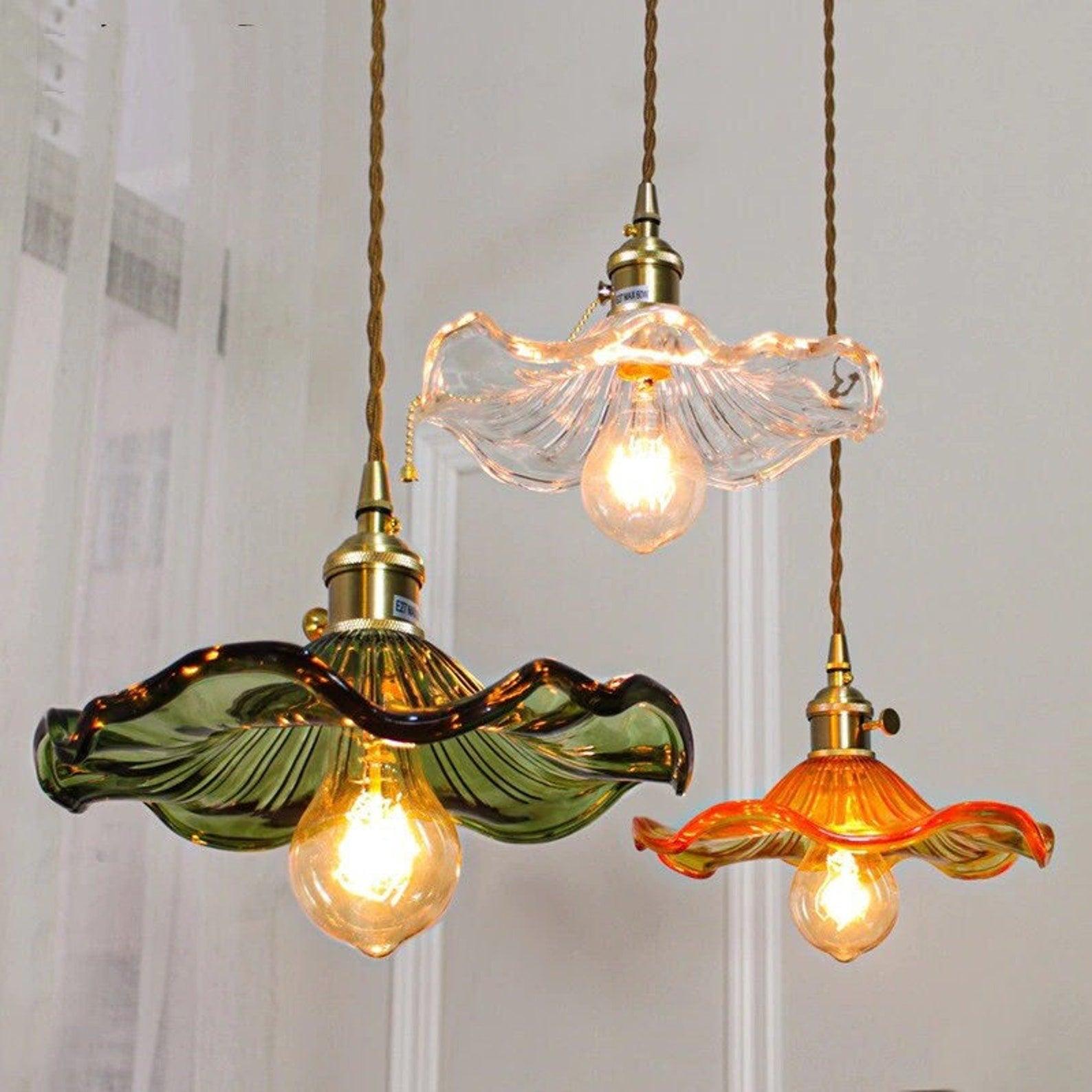 Art Nouveau Glass Hibiscus Flower Swag Pendant Light with Plug for Indoor Decor