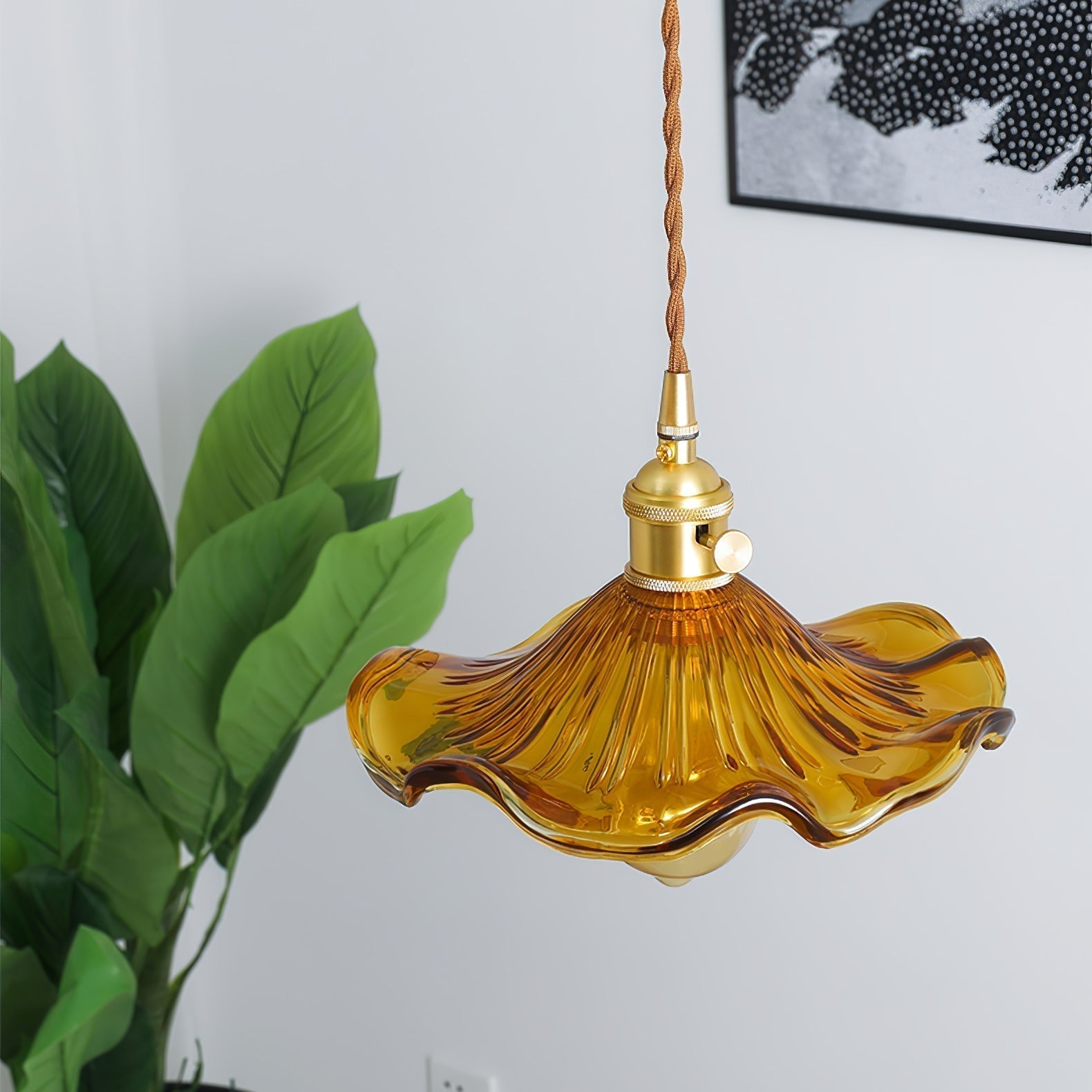 Art Nouveau Glass Hibiscus Flower Swag Pendant Light with Plug for Indoor Decor