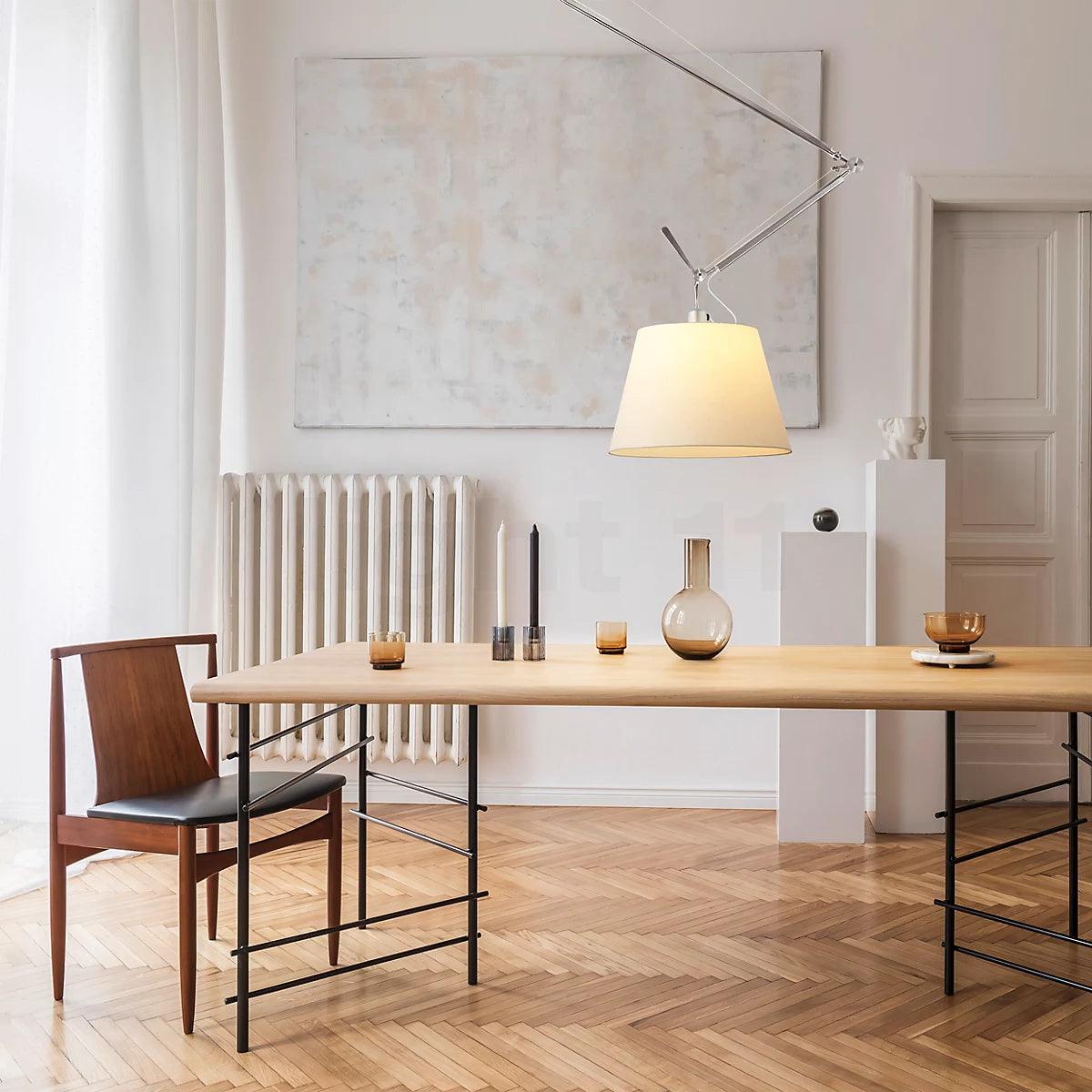 Articulated Arm Pendant Lighting Modern Rotatable Ceiling Drop Light with White Fabric Shade