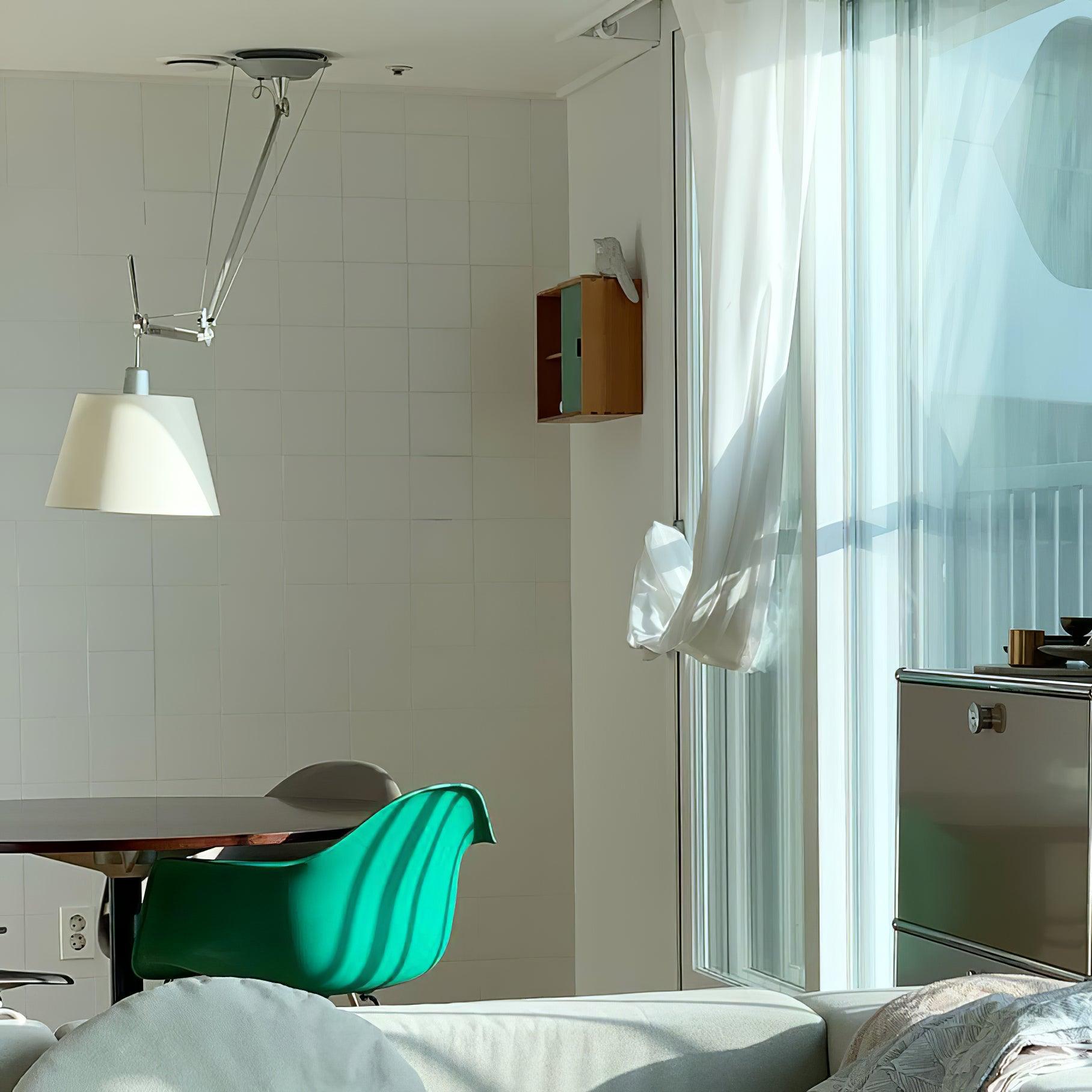 Articulated Arm Pendant Lighting Modern Rotatable Ceiling Drop Light with White Fabric Shade
