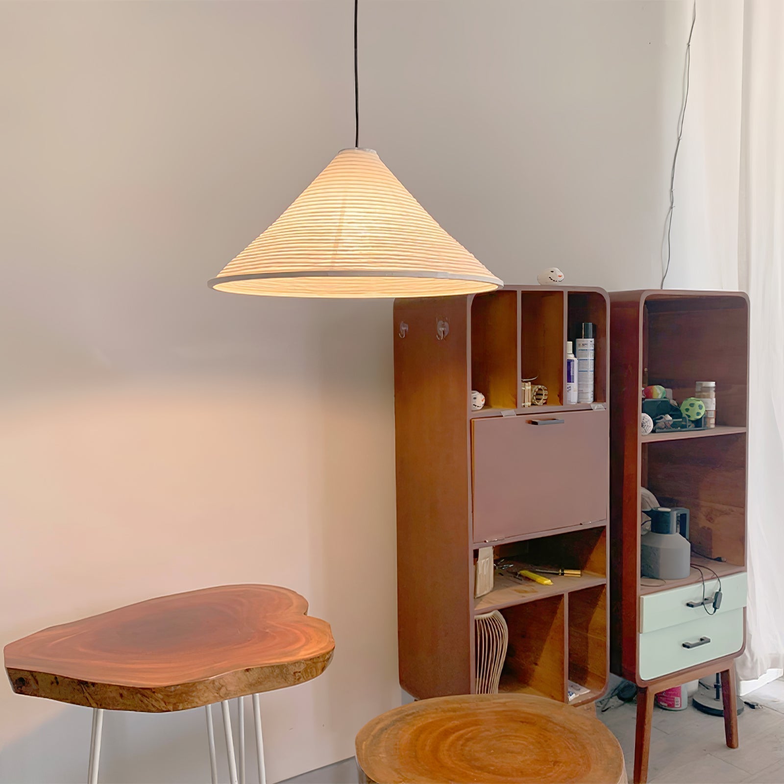 Artisanal Pyramid Washi Paper Pendant Lamp Geometric Japanese Style Hanging Light for Dining Room and Bedroom