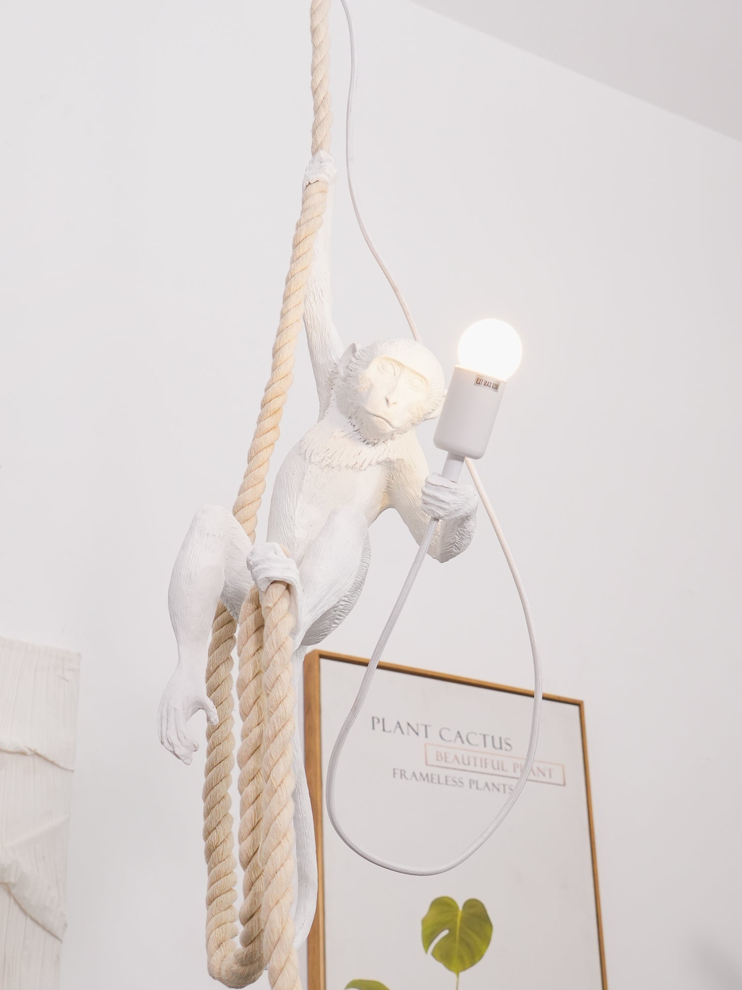 Artistic Monkey Hanging Pendant Lamp Resin Animal Figure Rope Ceiling Light