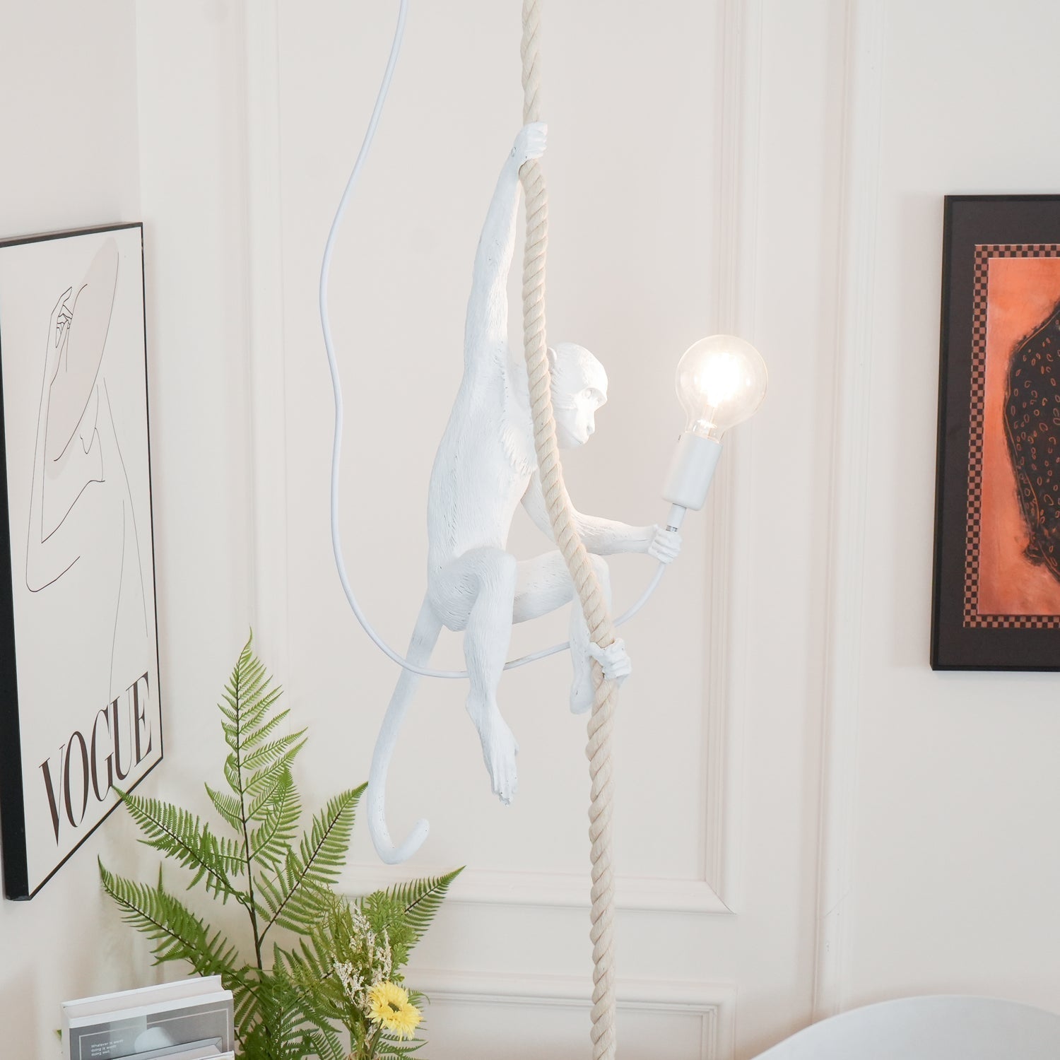 Artistic Monkey Hanging Pendant Lamp Resin Animal Figure Rope Ceiling Light