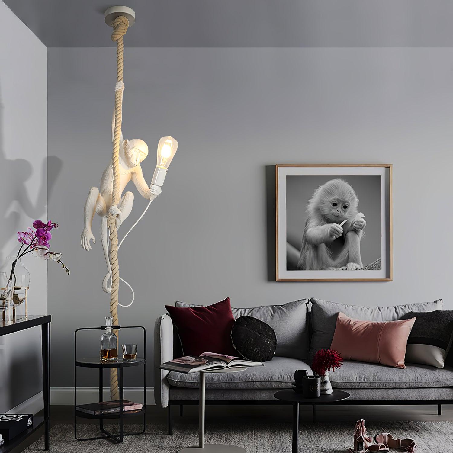 Artistic Monkey Hanging Pendant Lamp Resin Animal Figure Rope Ceiling Light