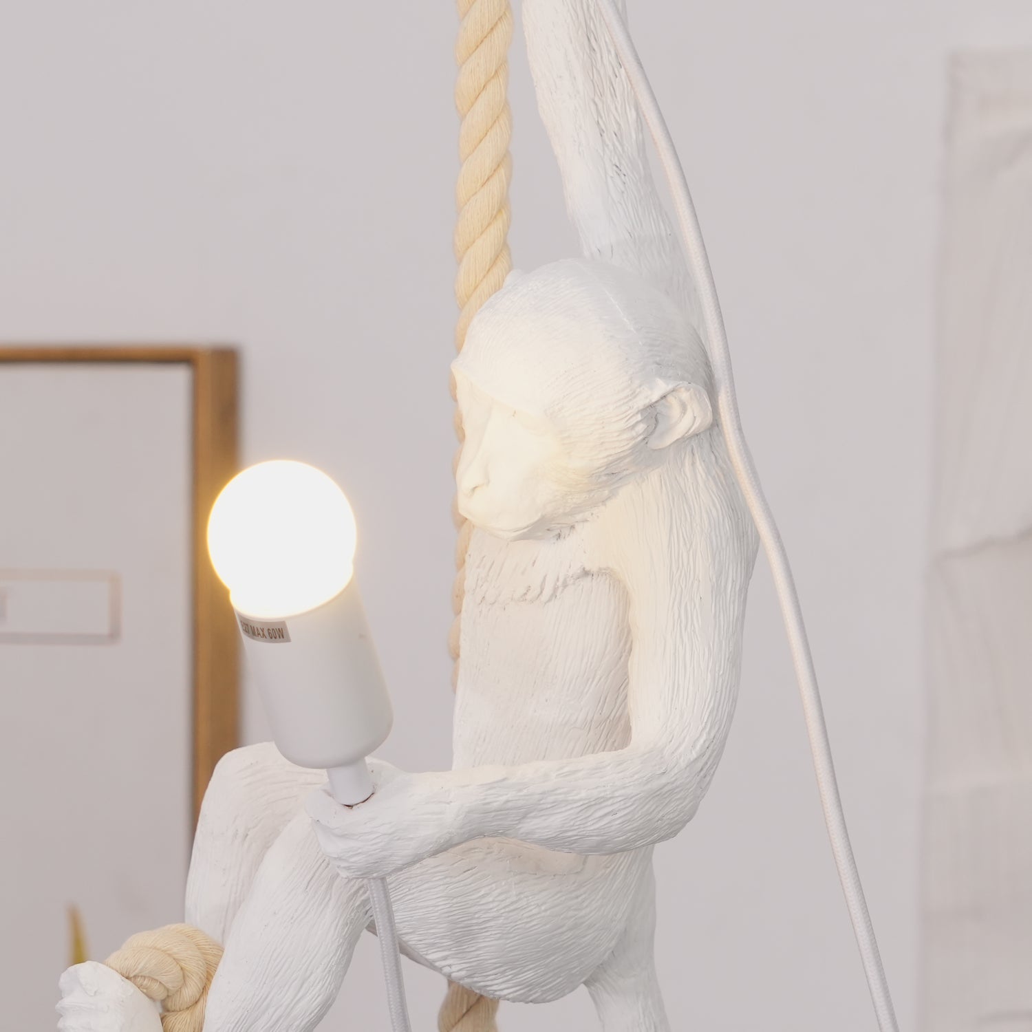 Artistic Monkey Hanging Pendant Lamp Resin Animal Figure Rope Ceiling Light