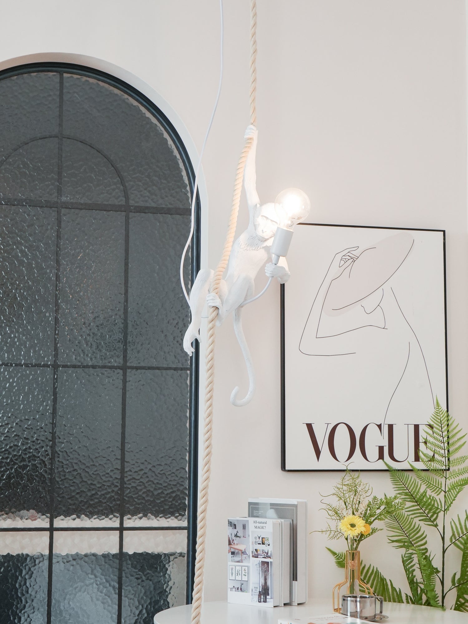 Artistic Monkey Hanging Pendant Lamp Resin Animal Figure Rope Ceiling Light