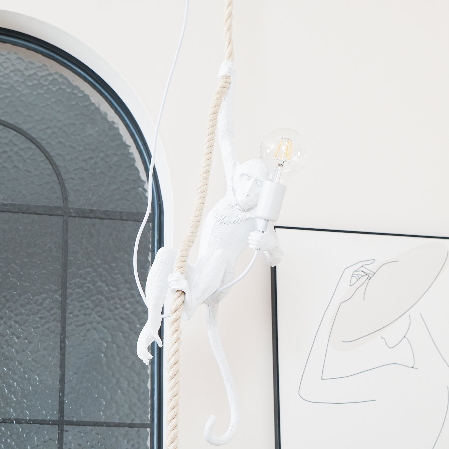 Artistic Monkey Hanging Pendant Lamp Resin Animal Figure Rope Ceiling Light