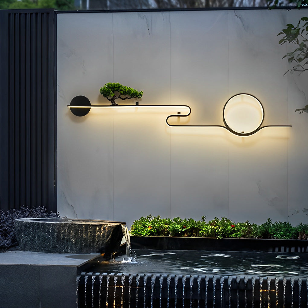 Artistic Moon and Tree Design Outdoor LED Wall Sconce Waterproof Black Exterior Lighting