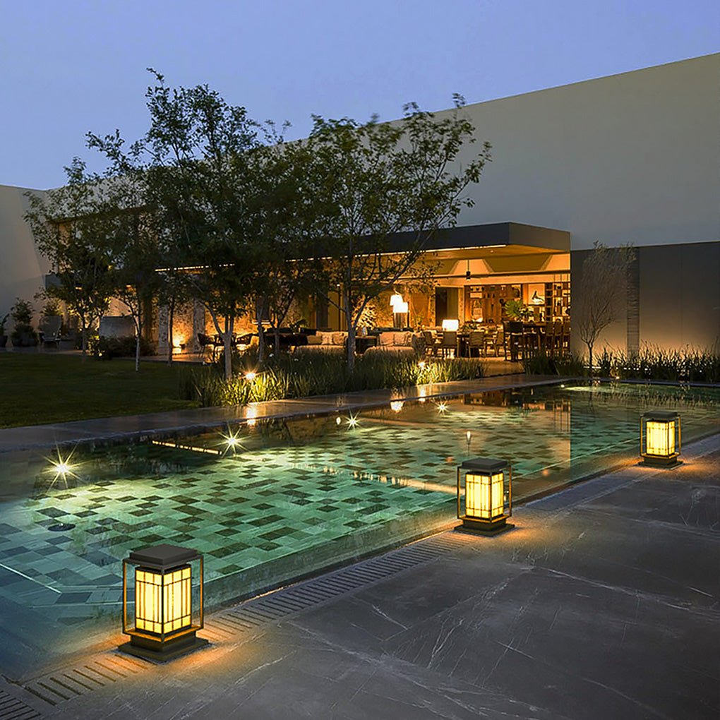 Asian Inspired Square Outdoor Path Lights Solar Powered LED Garden Decor Landscape Lighting