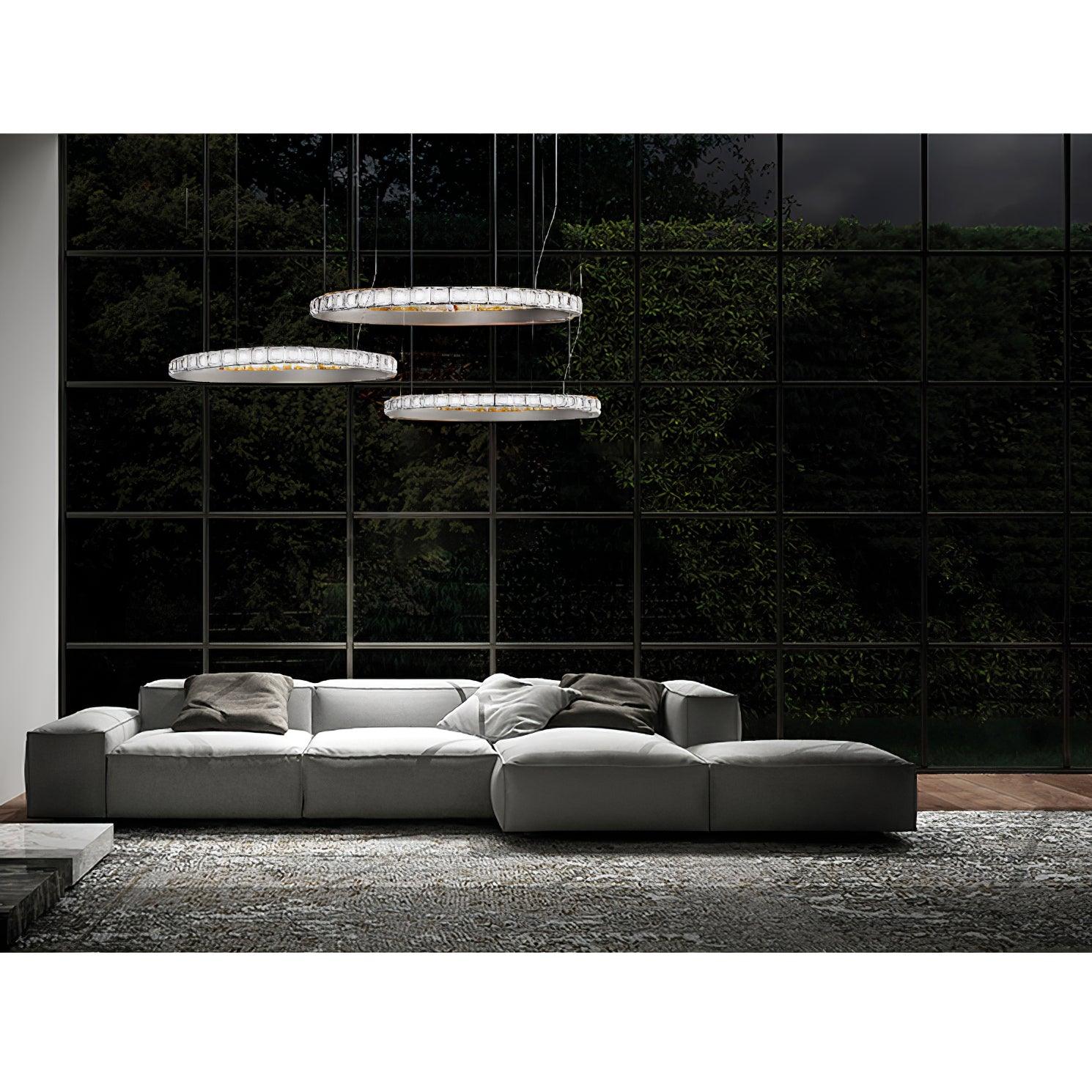 Aura Ring LED Chandelier Satin Silver Circular Pendant Light with Clear Glass Diffusers