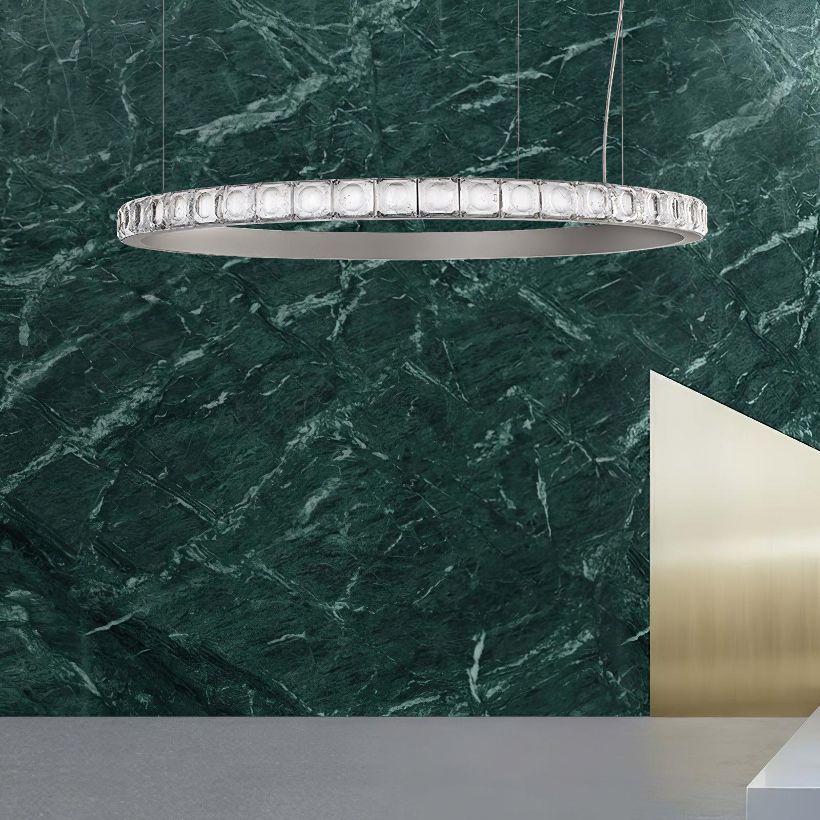 Aura Ring LED Chandelier Satin Silver Circular Pendant Light with Clear Glass Diffusers