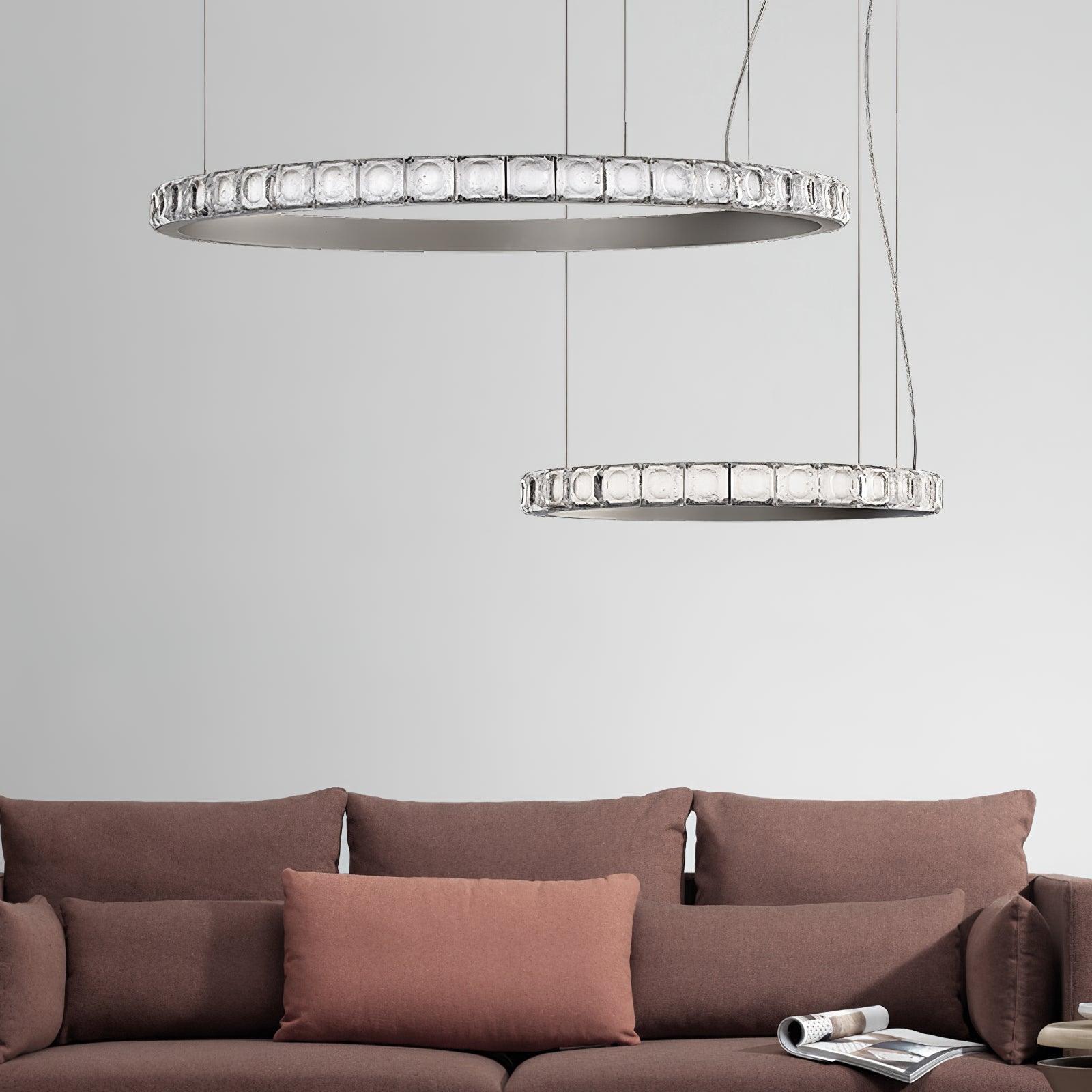 Aura Ring LED Chandelier Satin Silver Circular Pendant Light with Clear Glass Diffusers