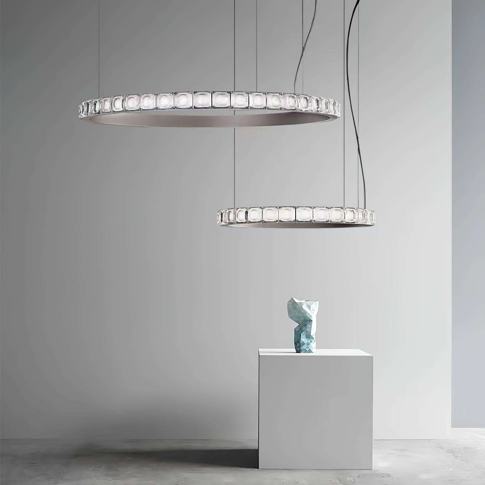 Aura Ring LED Chandelier Satin Silver Circular Pendant Light with Clear Glass Diffusers