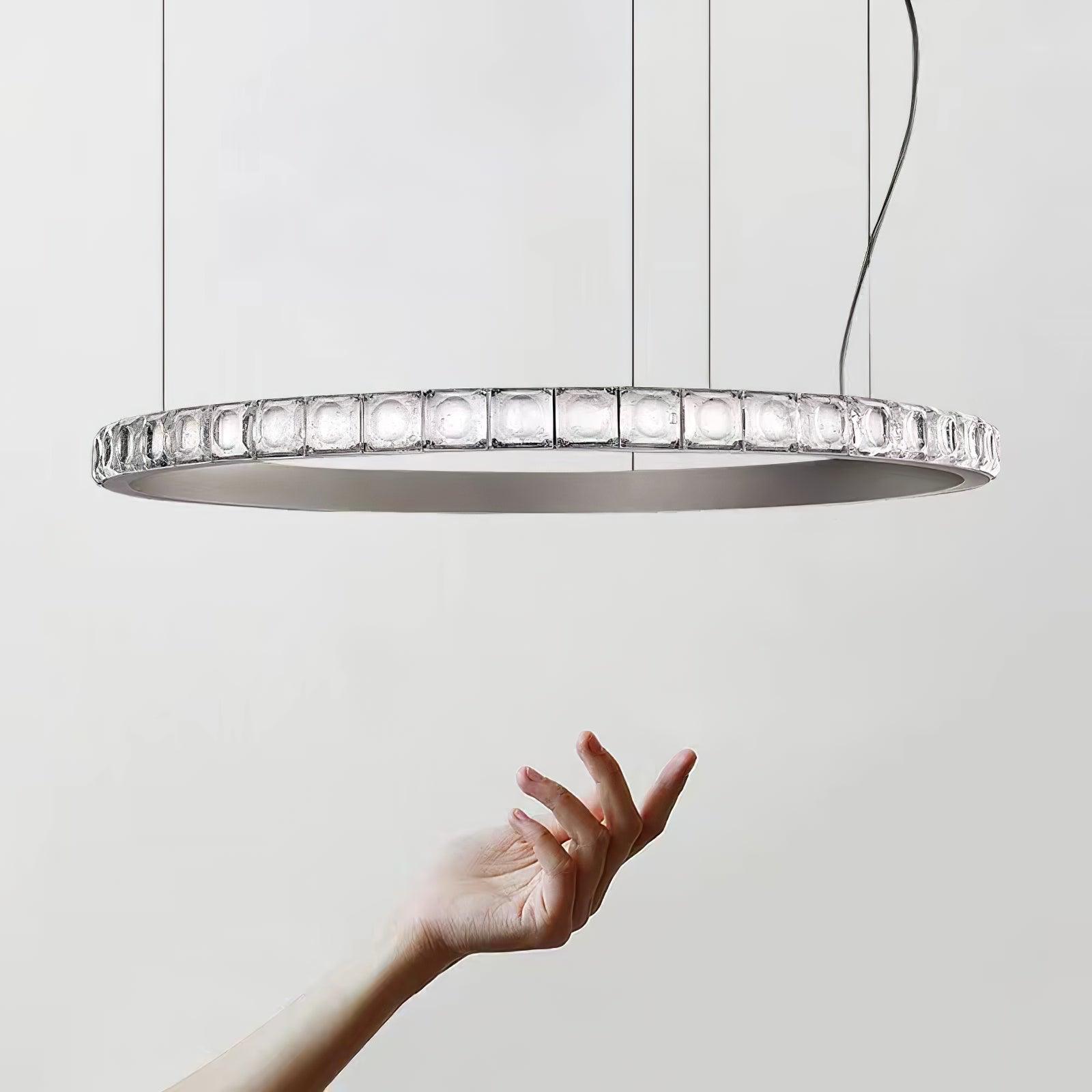 Aura Ring LED Chandelier Satin Silver Circular Pendant Light with Clear Glass Diffusers