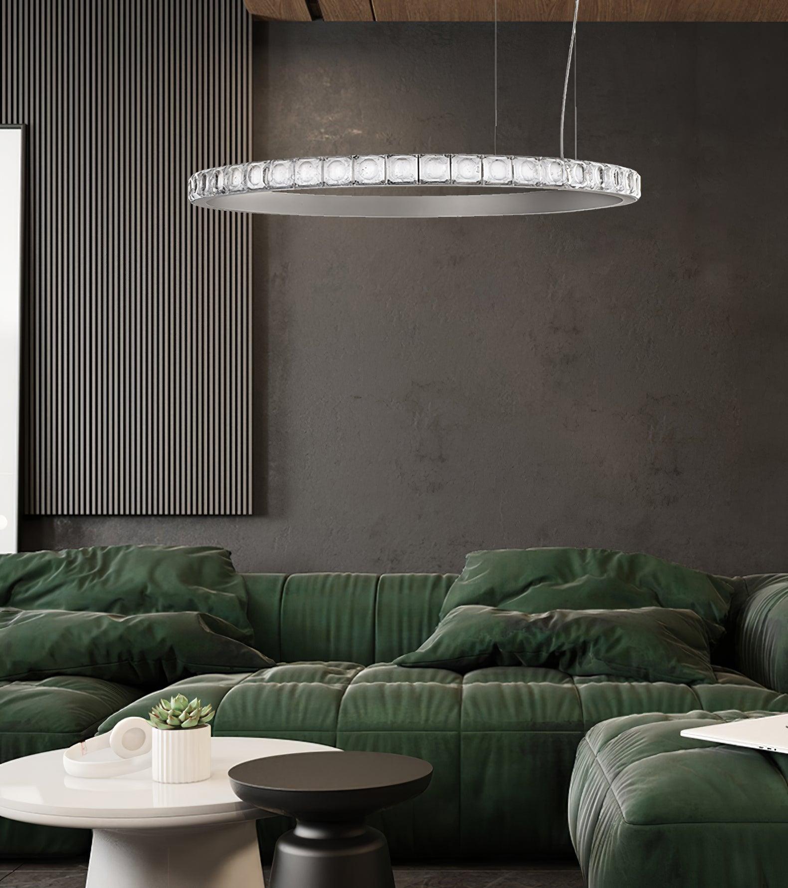 Aura Ring LED Chandelier Satin Silver Circular Pendant Light with Clear Glass Diffusers