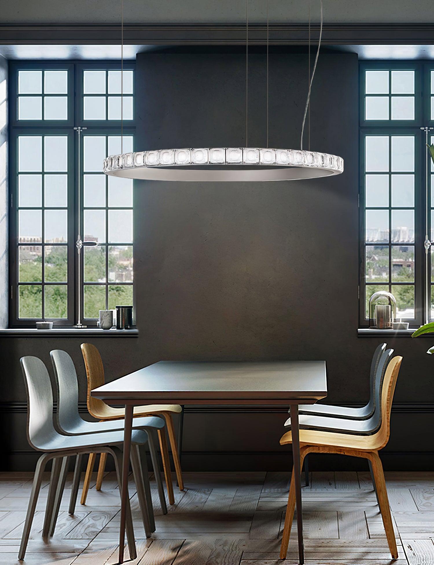 Aura Ring LED Chandelier Satin Silver Circular Pendant Light with Clear Glass Diffusers