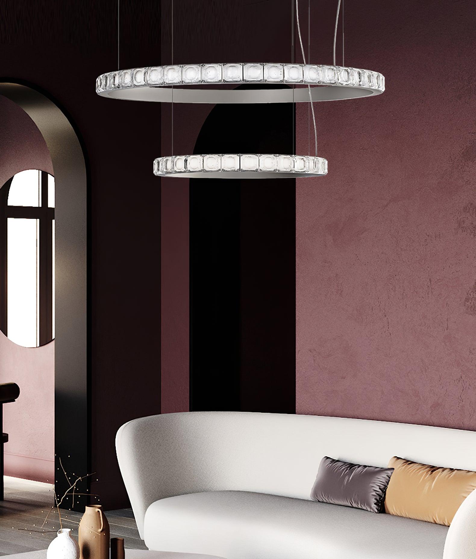 Aura Ring LED Chandelier Satin Silver Circular Pendant Light with Clear Glass Diffusers
