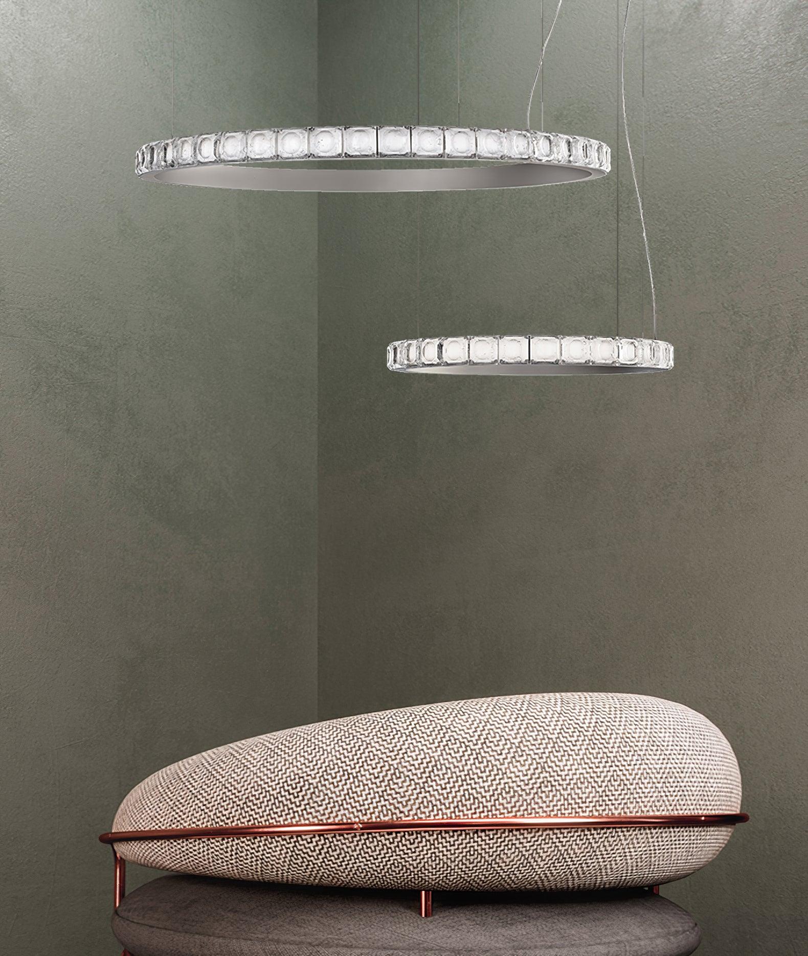 Aura Ring LED Chandelier Satin Silver Circular Pendant Light with Clear Glass Diffusers