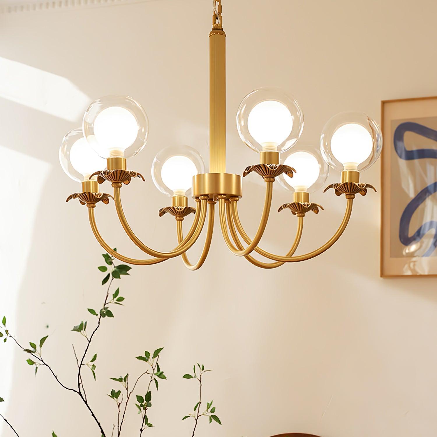 Aureate Radiance Glass Globe Branch Chandelier Elegant Brass Pendant Lighting